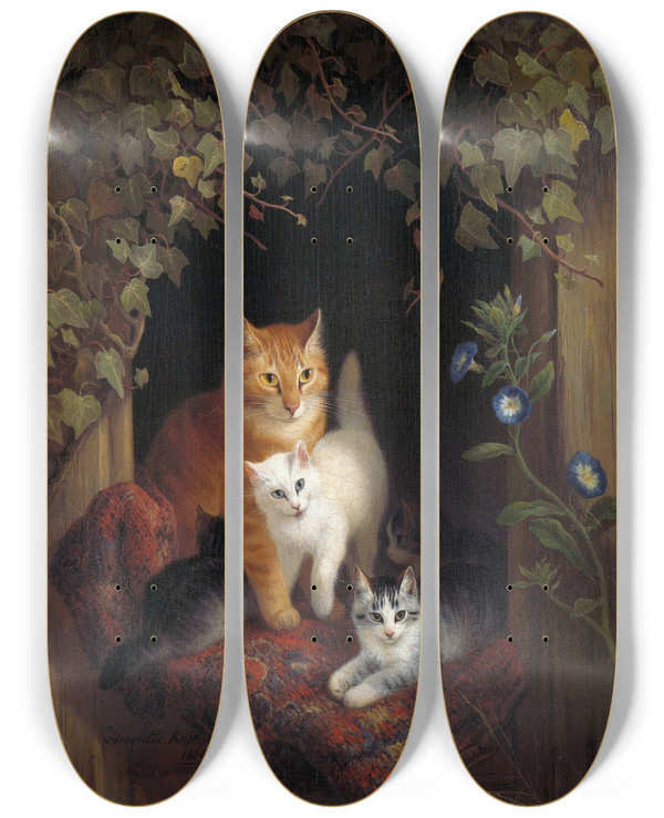 Triptych art skateboard deck of Henritte Ronnerknip Cat With Kittens by Henritte Ronner-Knip (1821-1909)