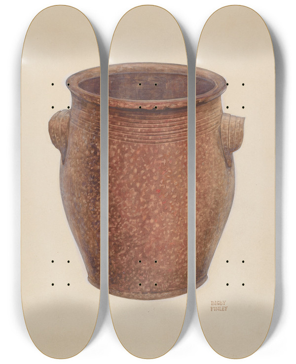 Triptych art skateboard deck of Bisby Finley Pottery Jar by Bisby Finley