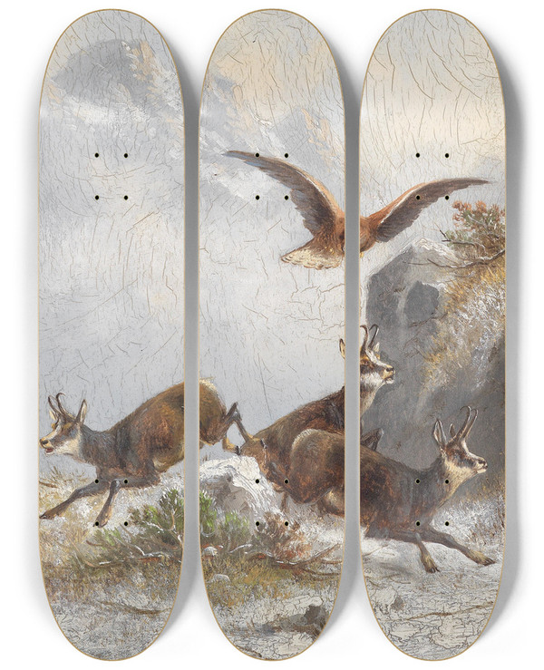 Triptych art skateboard deck of Moritz Mller Gmsen Von Adler Verfolgt by Moritz Melzer (1841-1899)