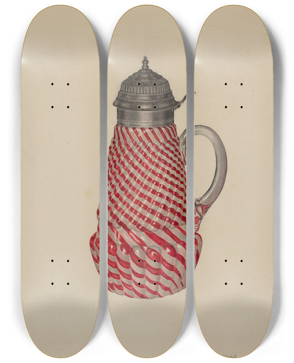 Triptych art skateboard deck of Hugh Clarke Molasses Or Syrup Mug by Hugh Clarke
