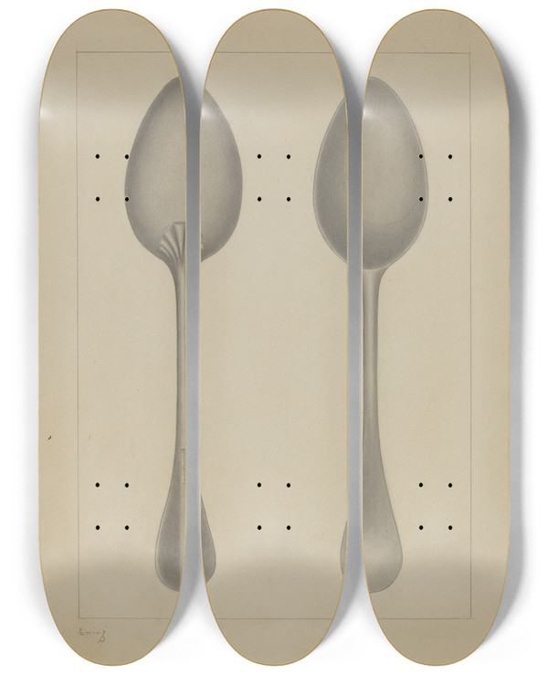 Triptych art skateboard deck of Burton Ewing Pewter Spoon by Burton Ewing
