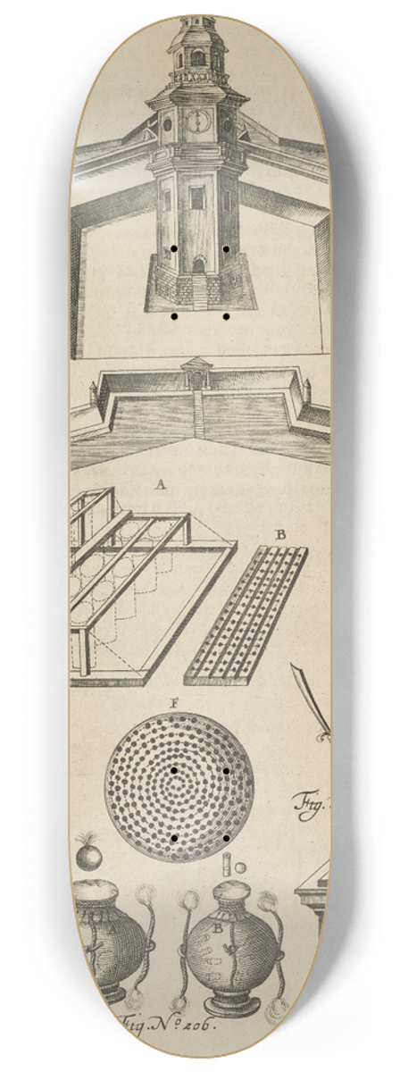 Jacob van Meurs - Plate W: Pyrotechnic set piece of a fortified castle: triumphal statue: military pyrotechnics 8.25 inch art skate deck