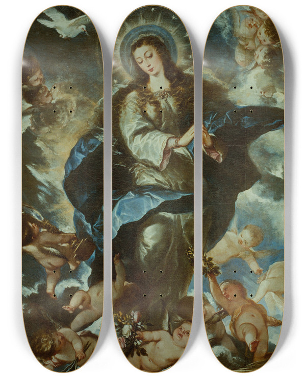 Triptych art skateboard deck of Jos Antolinez Immaculate Conception by Jose Antolinez (1635-1675)