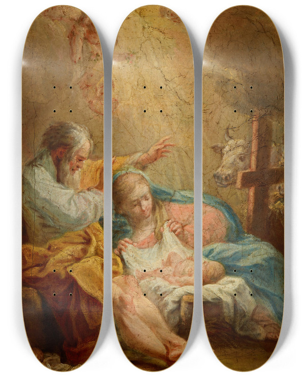 Triptych art skateboard deck of Carlo Maratti Nativity by Carlo Maratti (1625-1713)
