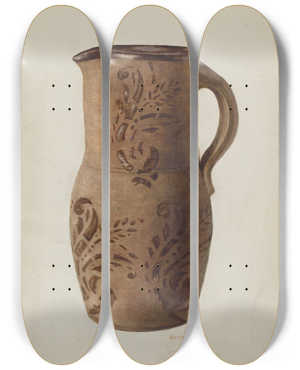Triptych art skateboard deck of Betty Jacob Redware Pitcher by Betty Jacob