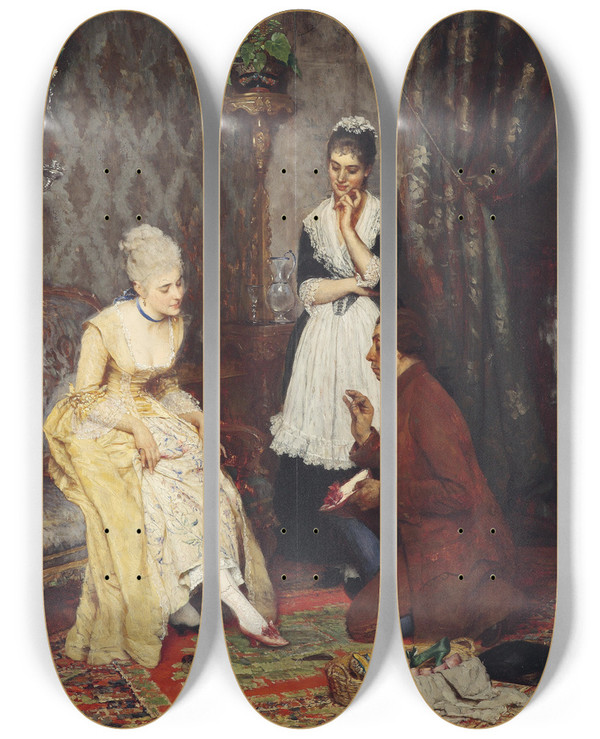 Triptych art skateboard deck of Eugen Von Blaas Der Perfekte Schuh by Eugen Von Blaas (1843-1931)