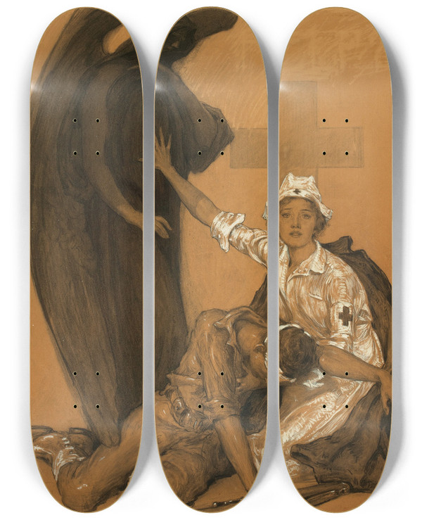 Triptych art skateboard deck of Robert Reid Will You Help by Robert Reid (1862-1929)