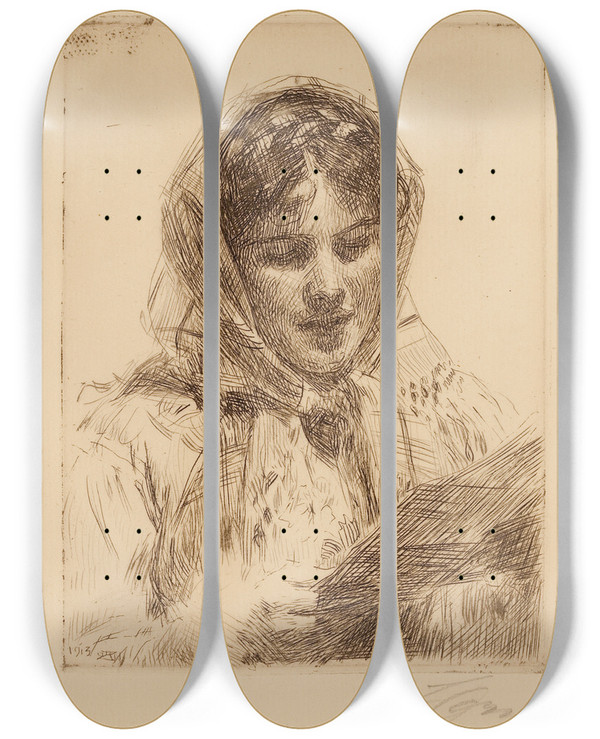 Triptych art skateboard deck of Anders Zorn The Letter by Anders Zorn (1860-1920)