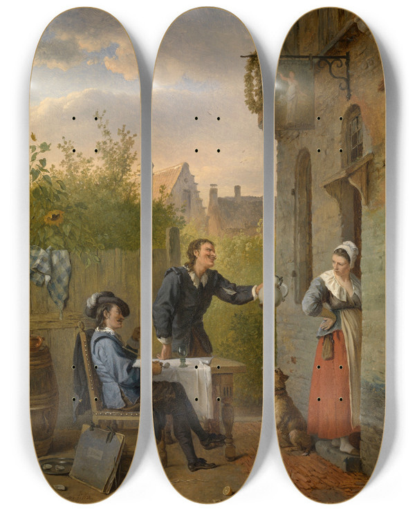Triptych art skateboard deck of Ignatius Josephus Van Regemorter Tavern Scene by Ignatius Josephus Van Regemorter (1785-1873)