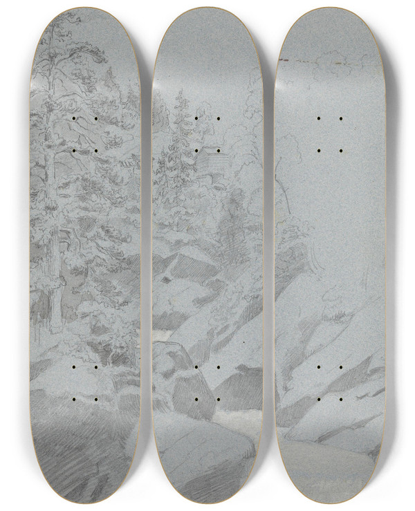 Triptych art skateboard deck of Adolph Tidemand Skoginterir Med Foss Og Hus by Adolph Tidemand (1814-1876)