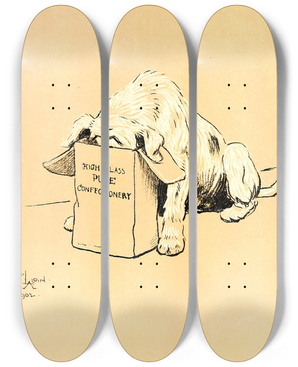 Triptych art skateboard deck of Cecil Charles Windsor Aldin A Dog Day Pl 25 by Cecil Charles Windsor Aldin (1870-1935)