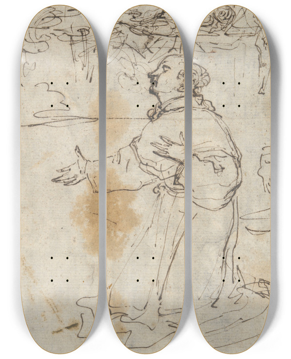 Triptych art skateboard deck of Agostino Carracci Kneeling Saint And Othersketches by Agostino Carracci (1557-1602)