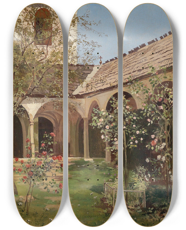 Triptych art skateboard deck of Leopold Munsch Blhender Klostergarten by Leopold Munsch (1826-1888)