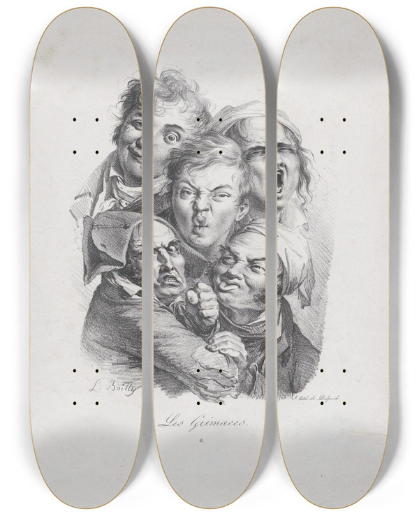 Triptych art skateboard deck of Louis Lopold Boilly The Grimaces by Louis Leopold Boilly (1761-1845)