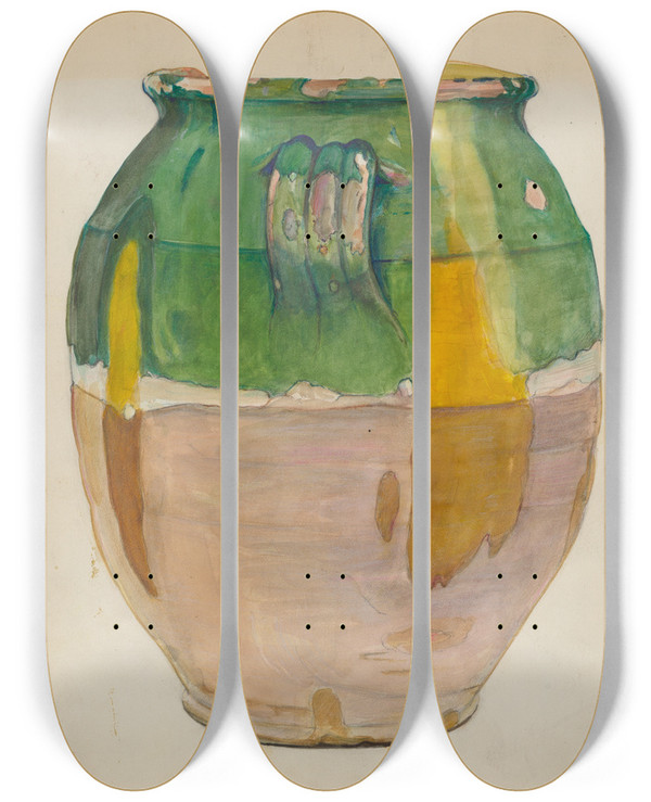 Triptych art skateboard deck of Cecily Edwards Clay Flower Jar by Cecily Edwards