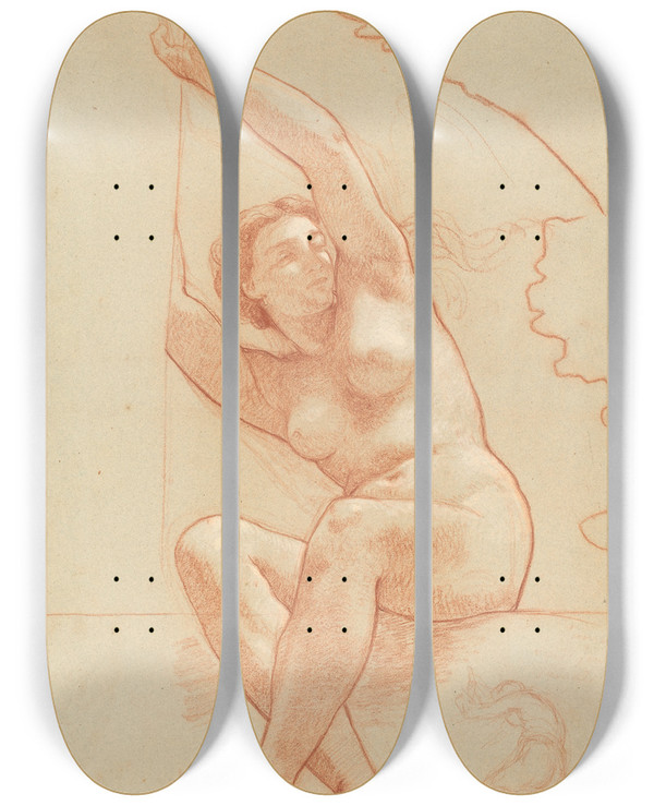 Triptych art skateboard deck of Charles Louis Mller A Female Nude Seated On A Ledge by Charles Louis Muller (1815-1892)