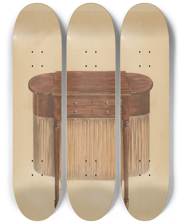 Triptych art skateboard deck of Ferdinand Cartier Sheraton Mahogany Sewing Table by Ferdinand Cartier