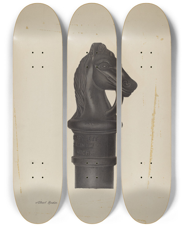 Triptych art skateboard deck of Albert Rudin Hitching Post by Albert Rudin