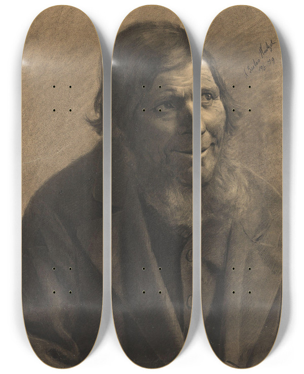 Triptych art skateboard deck of Gustav Wentzel Bearded Man_2 by Gustav Wentzel (1859-1927)