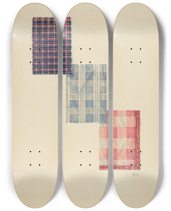 Triptych art skateboard deck of Jerry Guinta Zoar Plaids by Jerry Guinta