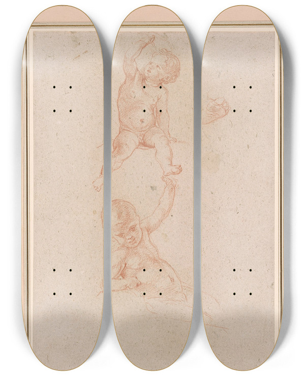 Triptych art skateboard deck of Pompeo Batoni Studies For Two Seated Putti by Pompeo Batoni (1708-1787)