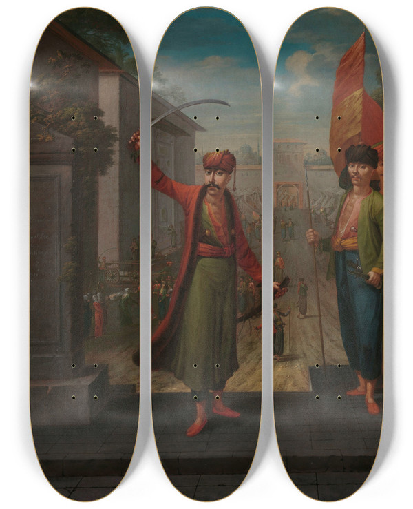 Triptych art skateboard deck of Jean Baptiste Vanmour Patrona Halil by Jean Baptiste Vanmour (1671-1737)