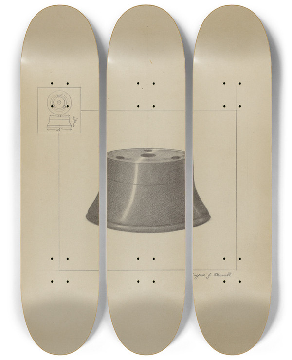 Triptych art skateboard deck of Eugene Barrell Pewter Inkwell by Eugene Barrell