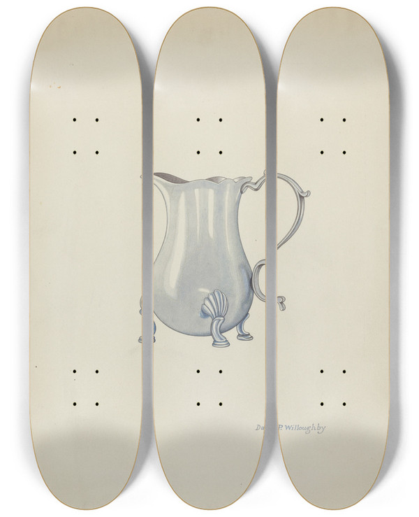 Triptych art skateboard deck of David P Willoughby Silver Jug For Cream by David P Willoughby