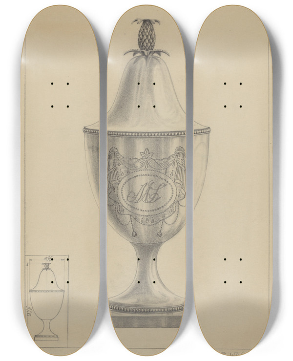 Triptych art skateboard deck of Simon Weiss Silver Covered Sugar Urn by Simon Weiss