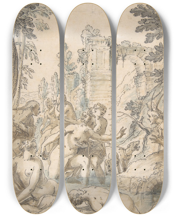 Triptych art skateboard deck of Georg Pecham Diana And Actaeon by Georg Pecham (1568-1604)