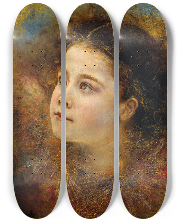 Triptych art skateboard deck of Anton Romako Mdchen Mit Hrenhalskrause by Anton Romako (1832-1889)