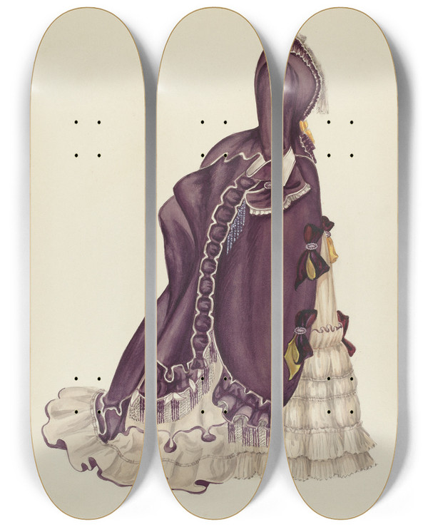 Triptych art skateboard deck of Eleanor Ruelos Visiting Dress by Eleanor Ruelos