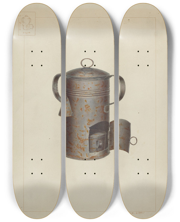 Triptych art skateboard deck of Edward L Loper Tin Milk Warmer by Edward L Loper (1916-2011)