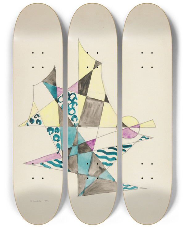 Triptych art skateboard deck of David Kakabadz Abstraction Based On Sailsi by David Kakabadze (1889-1952)