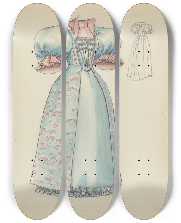 Triptych art skateboard deck of Jean Peszel Reception Gown by Jean Peszel
