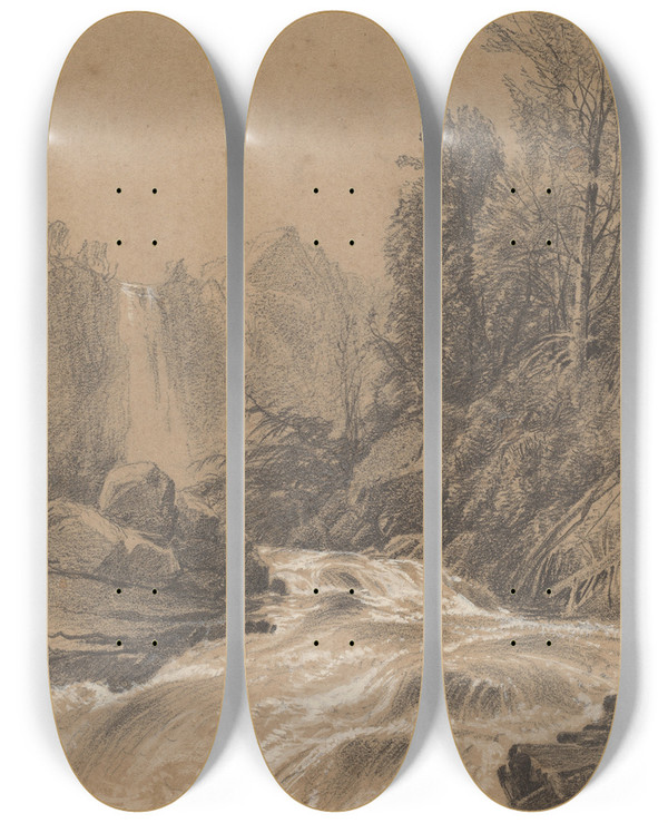 Triptych art skateboard deck of William Hart Mountain Landscape Stream And Waterfall by William Hart (1823-1894)