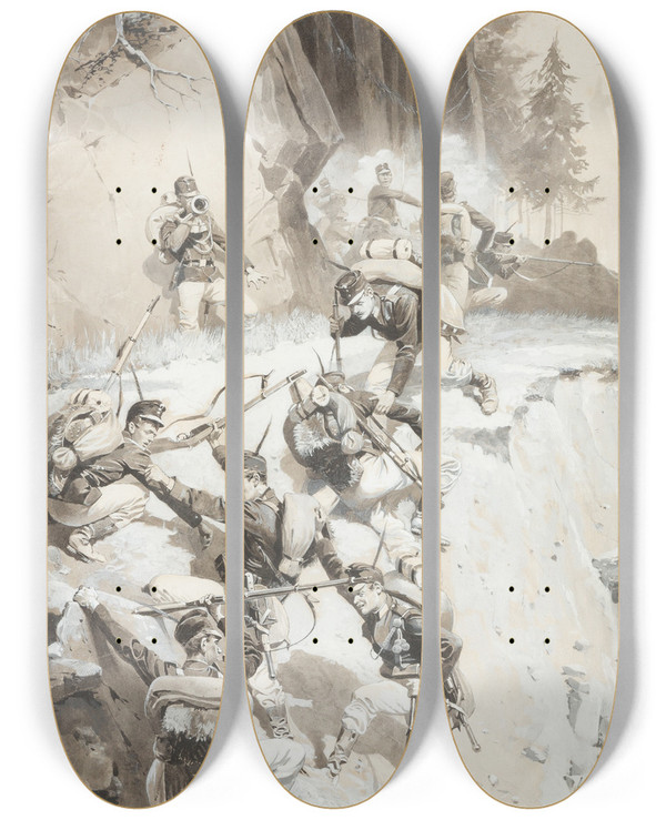 Triptych art skateboard deck of Adolf Wald Field Exercise In The Mountains by Adolf Wald (19-)