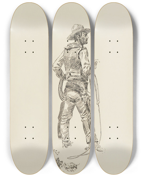 Triptych art skateboard deck of Charles Marion Russell The Cowboy by Charles Marion Russell (1864-1926)