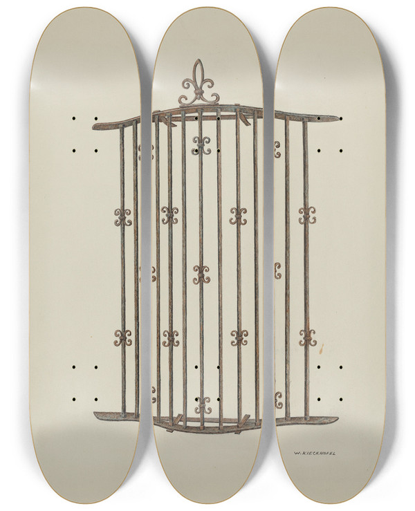 Triptych art skateboard deck of William Kieckhofel Iron Grille At Window Restoration Drawing by William Kieckhofel (20-)