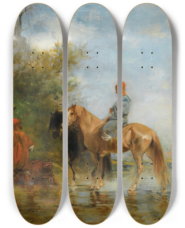 Triptych art skateboard deck of Eugne Fromentin Horsemen By The River by Eugene Fromentin (1820-1876)