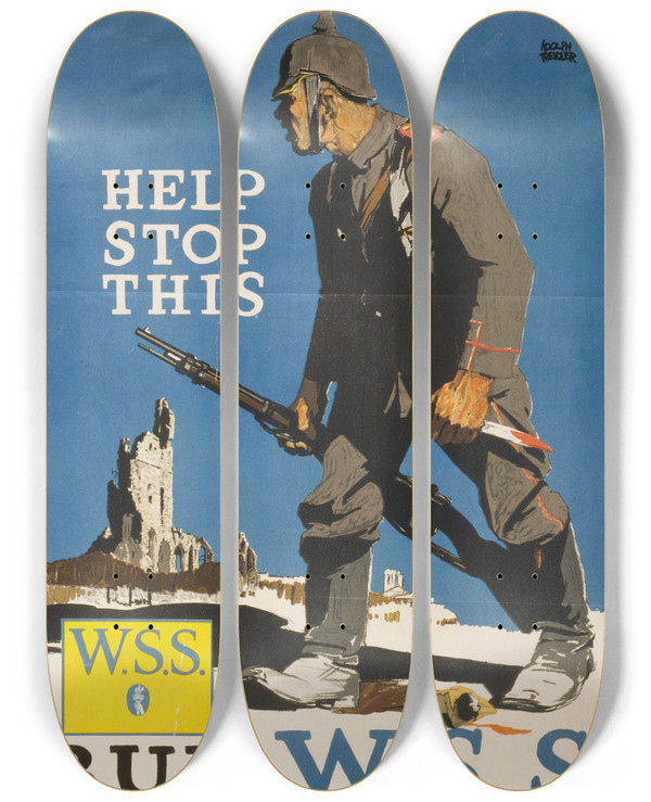 Triptych art skateboard deck of Adolph Treidler Help Stop This by Adolph Treidler (1886-1981)