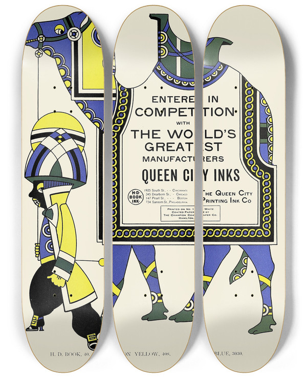 Triptych art skateboard deck of Augustus Jansson Queen City Ink Ad 28 by Augustus Jansson (1863-1931)