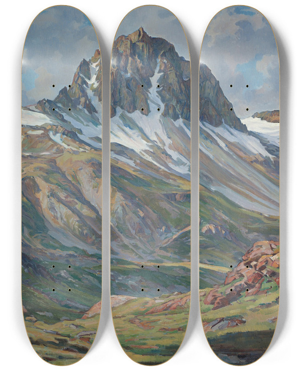 Triptych art skateboard deck of Carl Albert Von Salis Mount Lagrev by Carl Albert Von Salis (1886-1941)