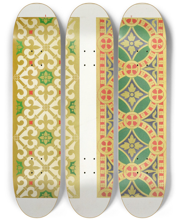 Triptych art skateboard deck of Augustus Pugin Stoles And Maniples 1 by Augustus Pugin (1812-1852)