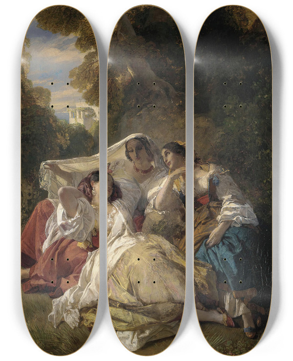 Triptych art skateboard deck of Franz Xaver Winterhalter La Siesta by Franz Xaver Winterhalter (1805-1873)