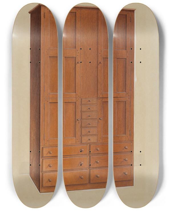 Triptych art skateboard deck of Irving I Smith Cabinet by Irving I Smith