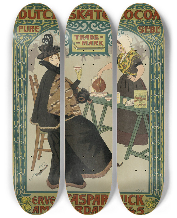 Triptych art skateboard deck of Johann Georg Van Caspel Dutch Skate Cocoa Erven Caspar Flick by Johann Georg Van Caspel (1870-1928)