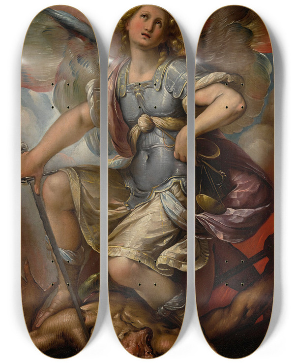 Triptych art skateboard deck of Giulio Cesare Procaccini Saint Michael Archangel by Giulio Cesare Procaccini (1574-1625)