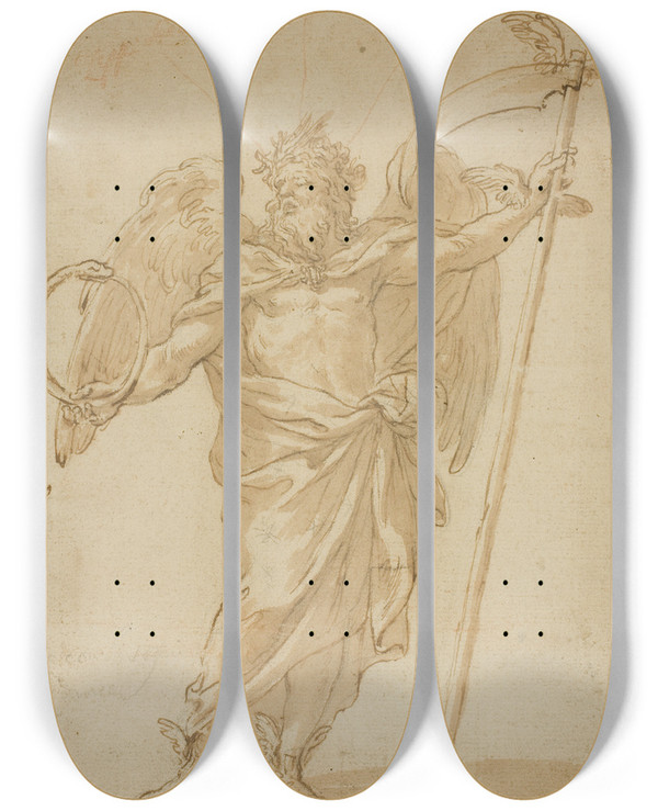 Triptych art skateboard deck of Alessandro Algardi Father Time by Alessandro Algardi (1598-1654)