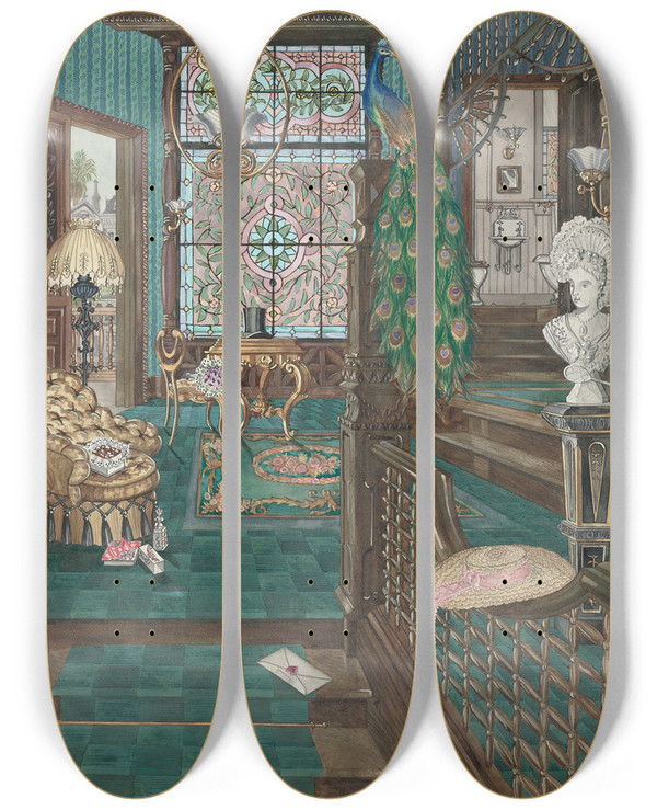 Triptych art skateboard deck of Perkins Harnly Second Floor Stair Landing And Hall by Perkins Harnly (1901-1986)